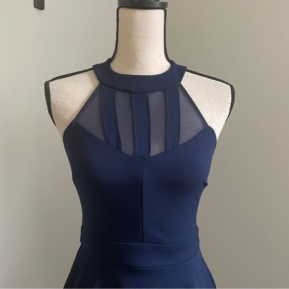 B Darlin Fit & Flare Halter Mini Dress sz 1/2 Navy Blue Mesh Cutout Party Dress - Picture 5 of 16